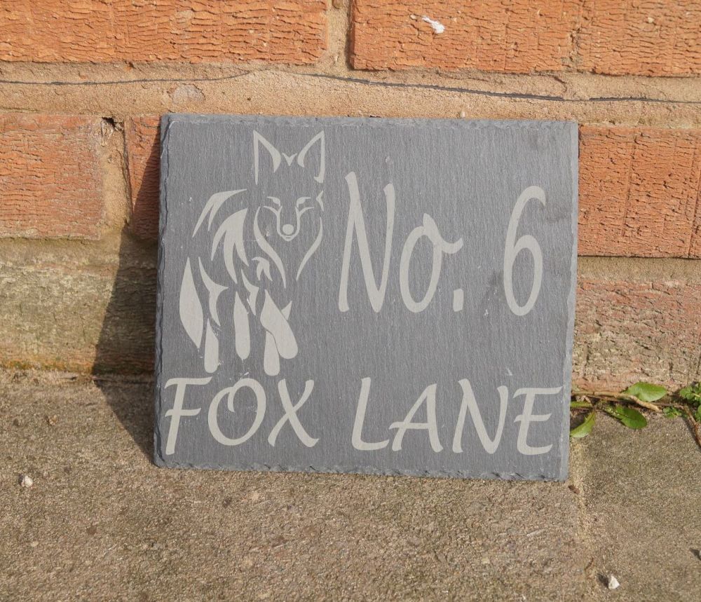 fox image, animal sign, sign with fox image, slate house sign, funny house  sign, personalised house sign, tree branch with birds, bird sign, tree house  sign