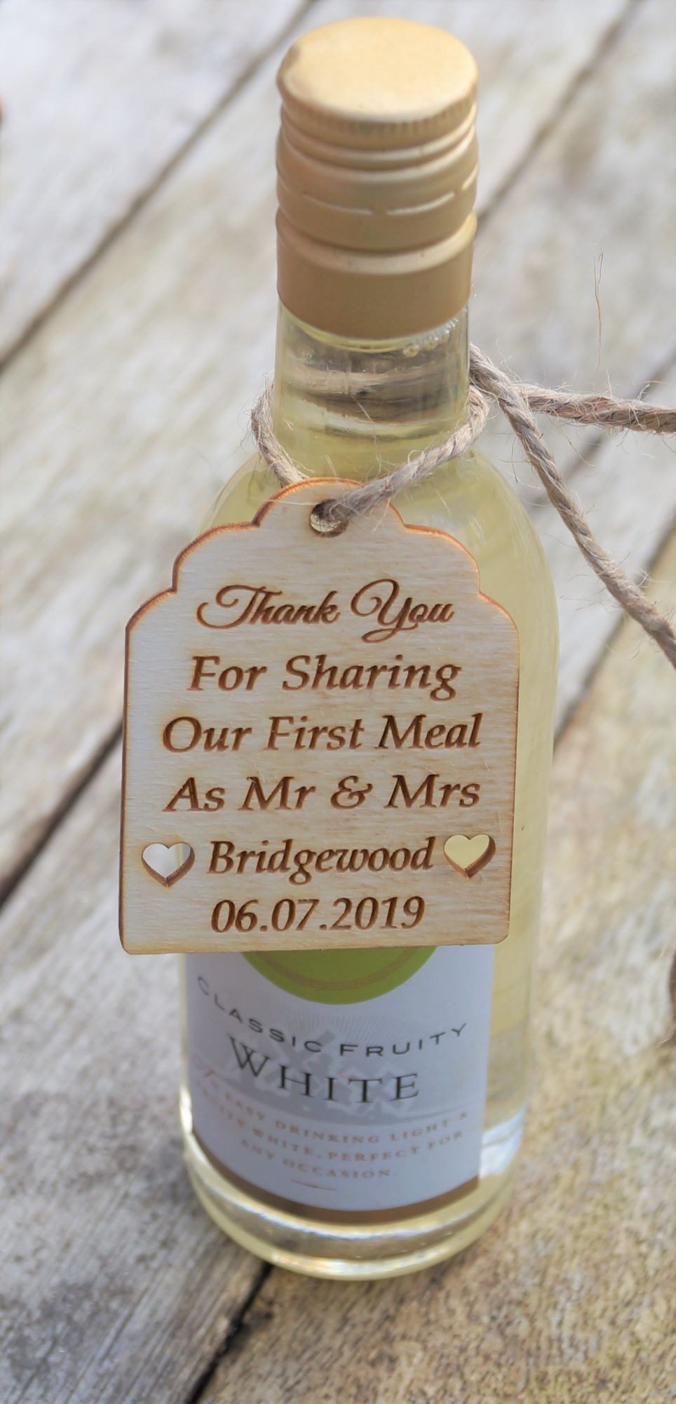 wooden wedding favour tag, wine bottle tag, Thank you for sharing our speci