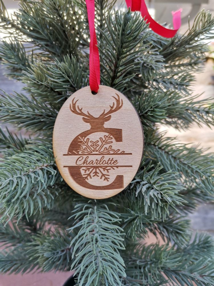 monogram tree decoration, personalized bauble, family decoration, reindeer decoration