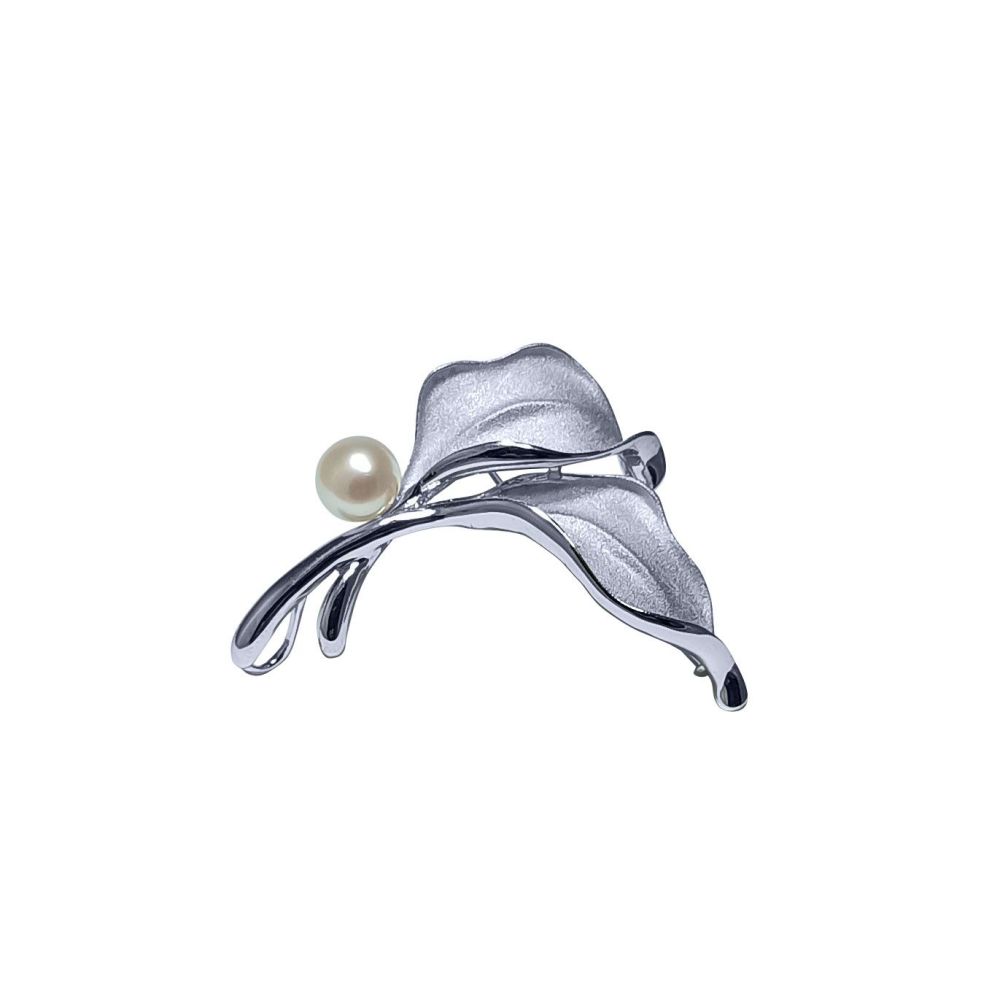 Silver and Pearl Leaf Brooch