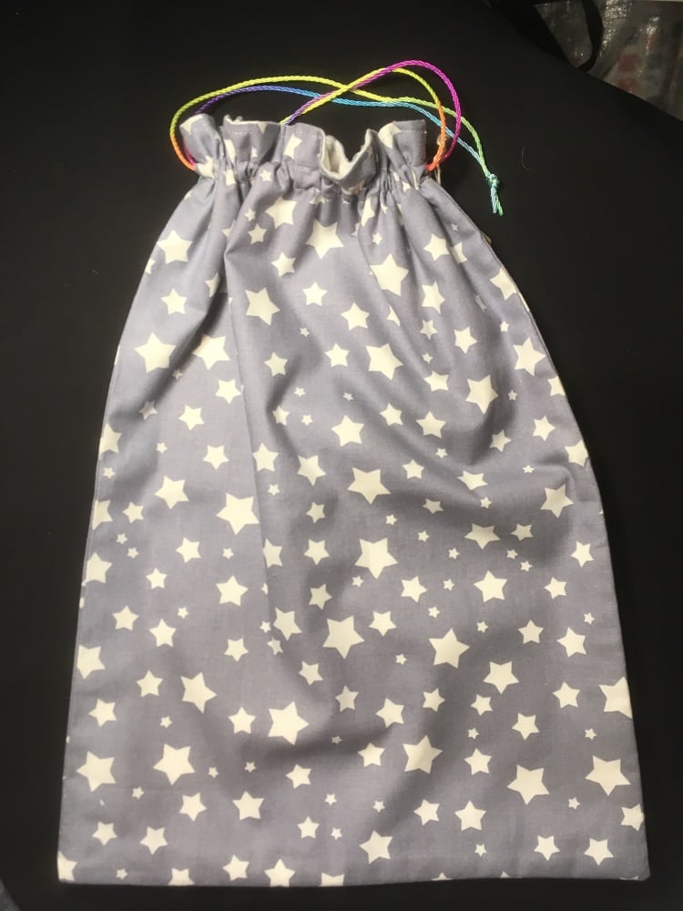 Grey and white drawstring Shoe/Gym bag with mini bunnies, hearts, flowers