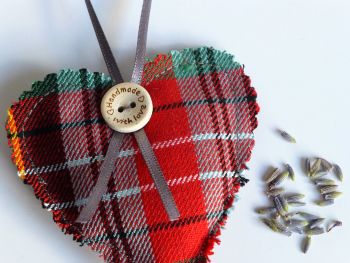 Caledonia Tartan heart shaped lavender filled cushion with hanging ribbon
