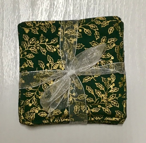 Green and gold Christmas tree coasters/Mug Rugs - set of 4