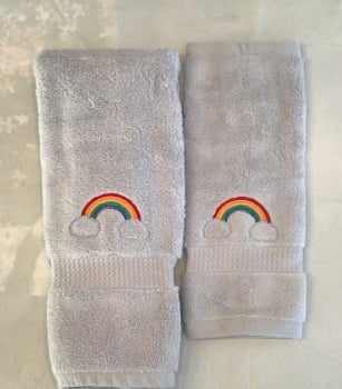 Rainbow and cloud embroidered luxury hand towel and facecloth set (with option to personalise)