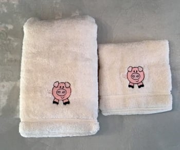 Pink Pig embroidered luxury cream hand towel and facecloth set (with option to personalise)