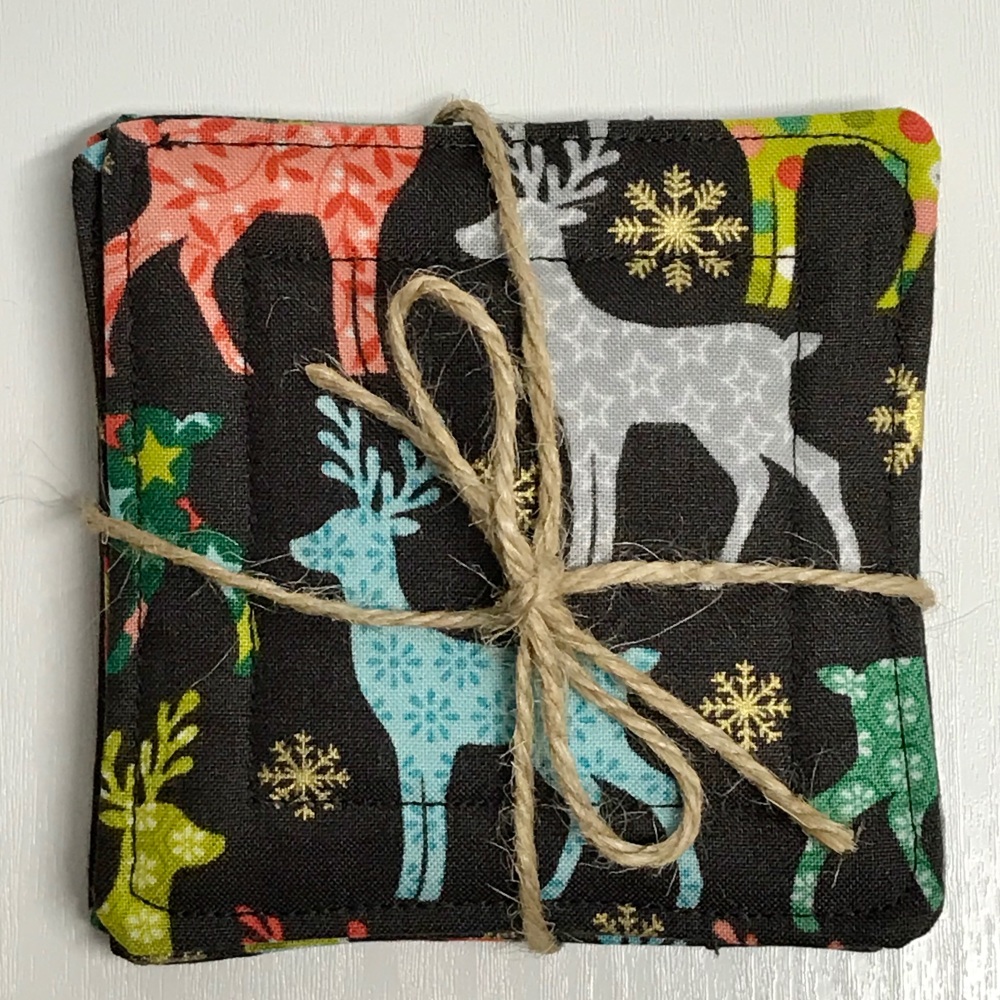 Green and gold Christmas tree coasters/Mug Rugs - set of 4