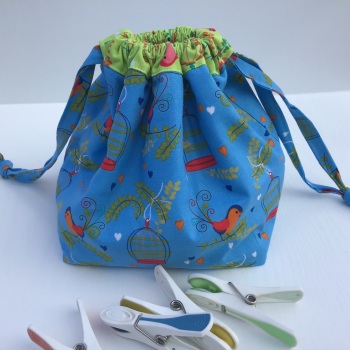 Peg Bag or Hobby Bag  - Bright Blue and Green with Birds and Birdcages