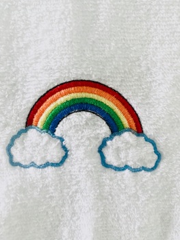 Rainbow and Clouds embroidered white hand towel 