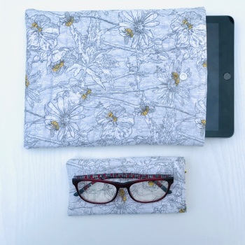 Bee and Flower themed quilted iPad/Tablet case and Glasses case set