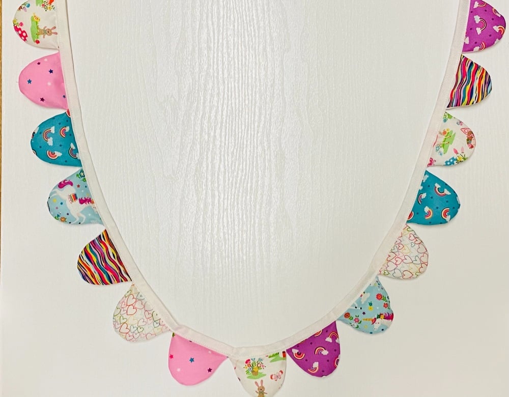 Bunting (pinks, turquoise) with Fairies, Hearts, Unicorns, Stars and Rainbo