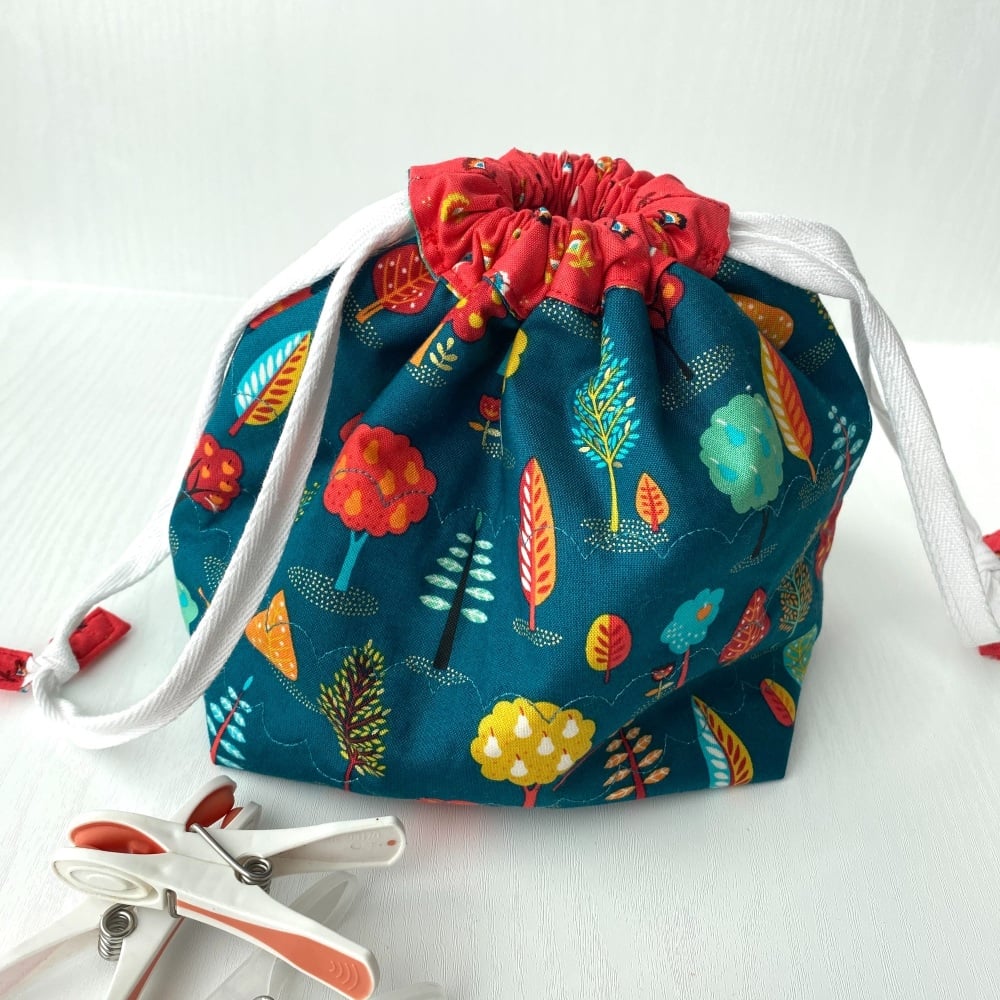 Peg Bag or Hobby Bag - Grey and yellow birds and flowers