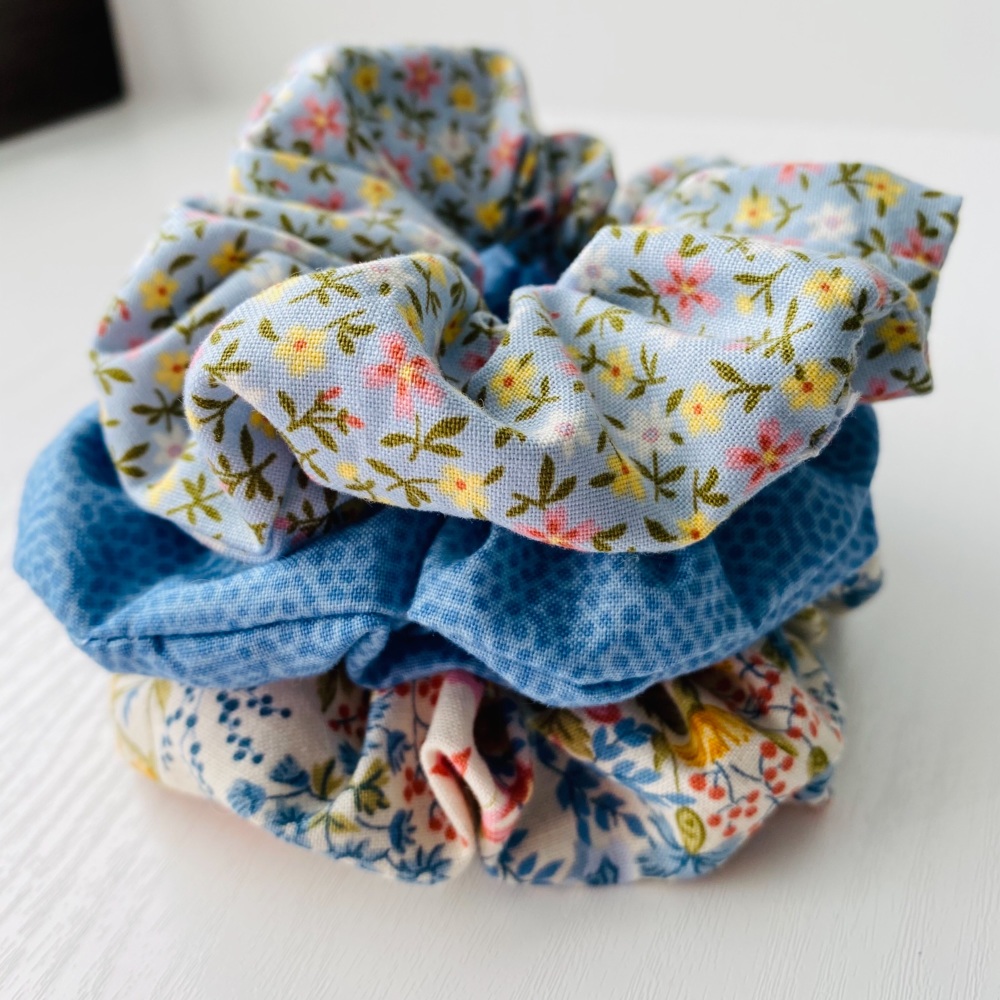 Set of 3 Floral and Blue Scrunchies