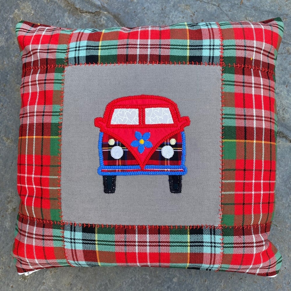 Hippy camper van cushion with Caledonia tartan