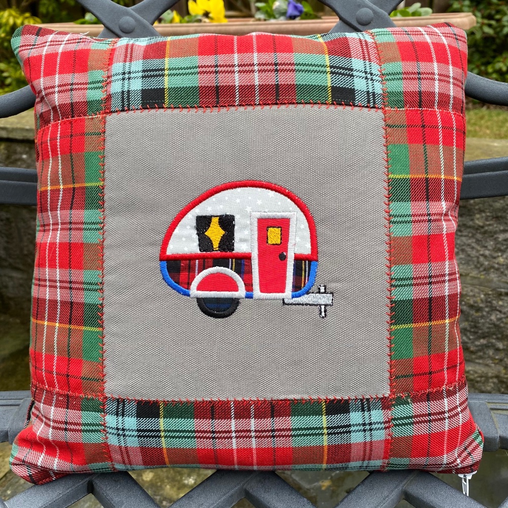 Tartan Appliqué Hippy Campervan Cushion (with cushion pad)