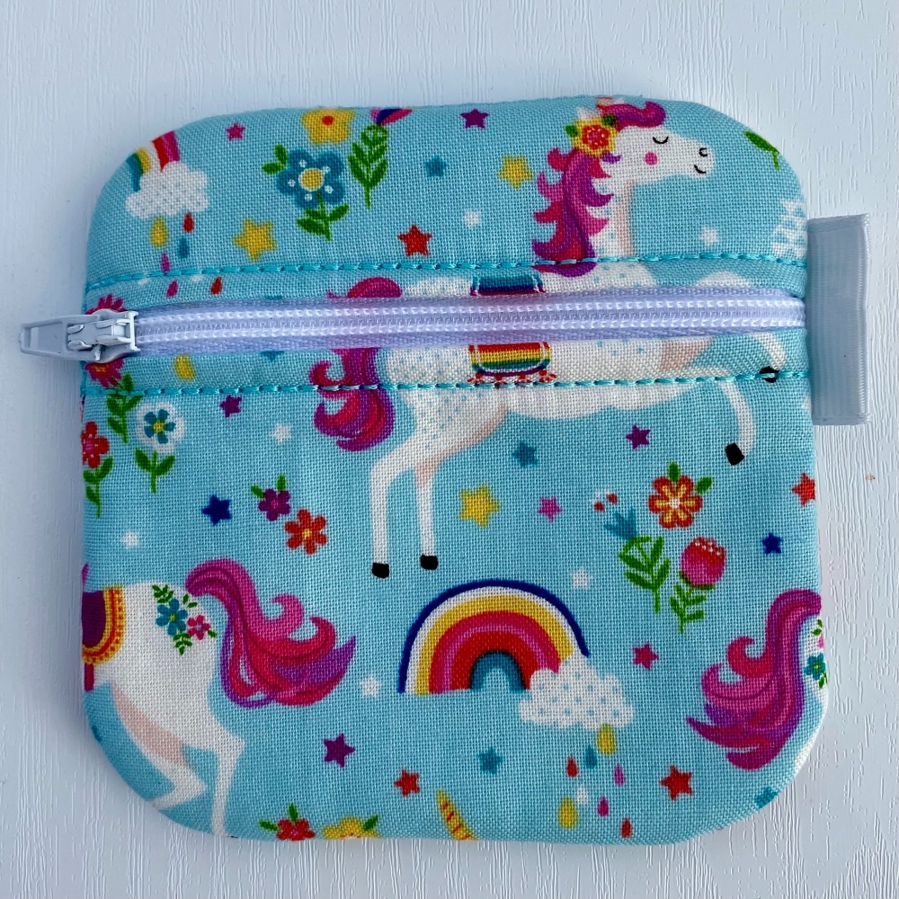 Turquoise Unicorns and Rainbow Zipped purse - small