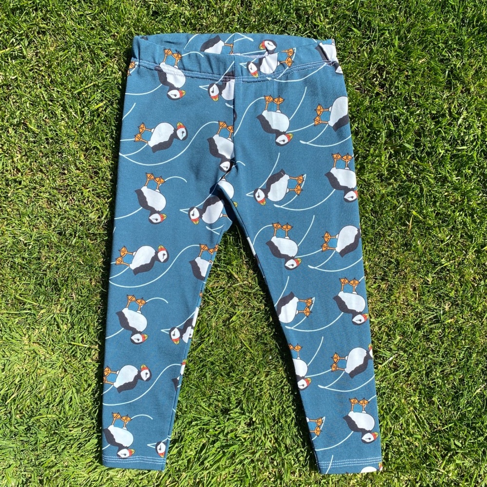 Puffins on petrol blue straight leg Leggings - sizes up to 7 years