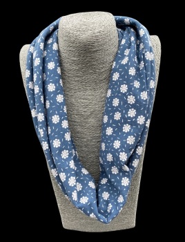 Denim Blue with White Flowers Jersey Cotton Infinity Scarf 
