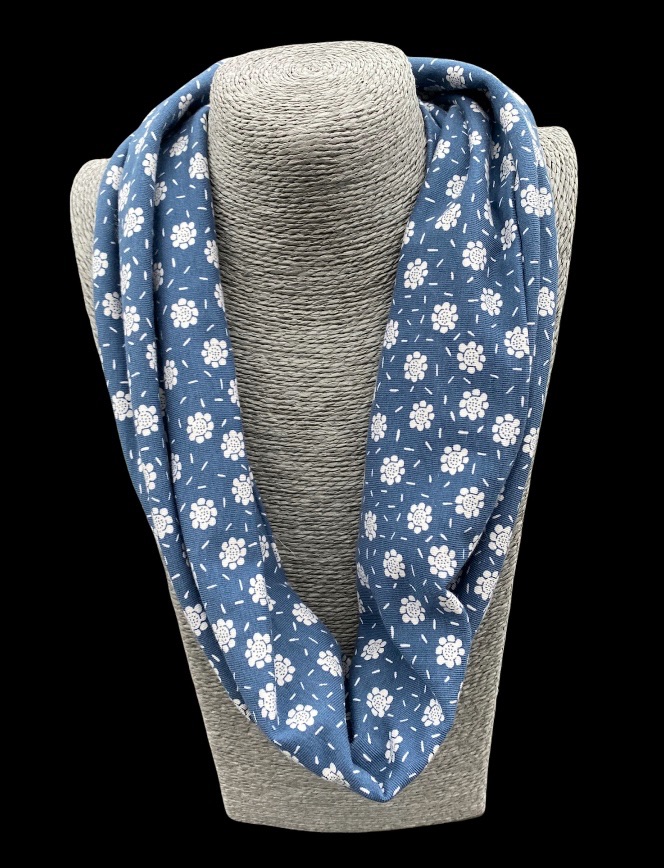 Denim Blue with white flowers infinity scarf