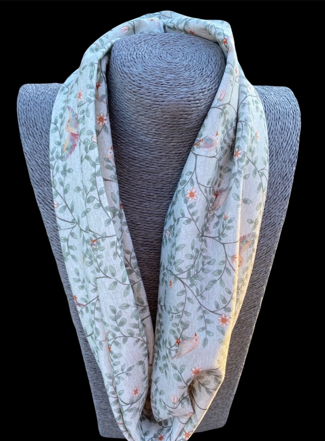 Birds and flowers on Marl Grey Jersey Cotton Infinity Scarf