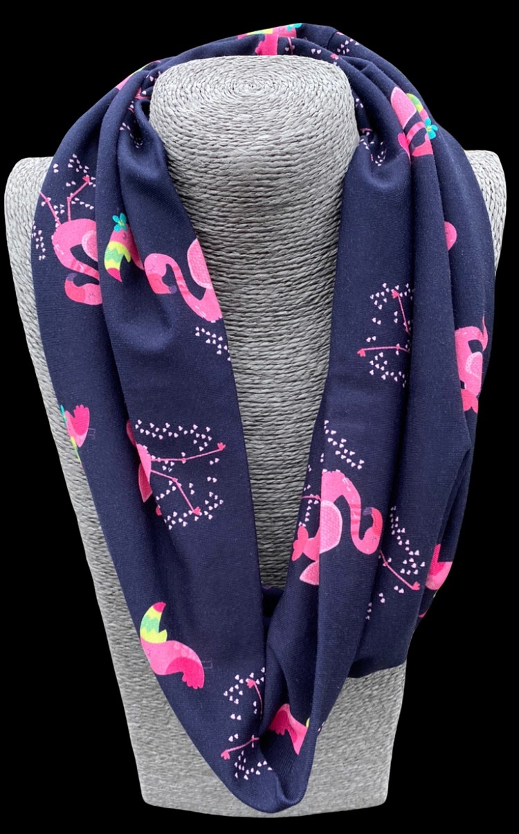 Flamingos and Toucans on Navy Jersey Cotton Infinity Scarf 