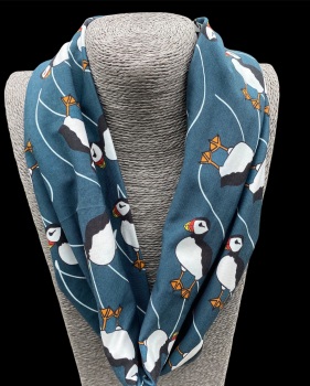 Puffins on Petrol Blue Stretch Jersey Cotton Infinity Scarf 