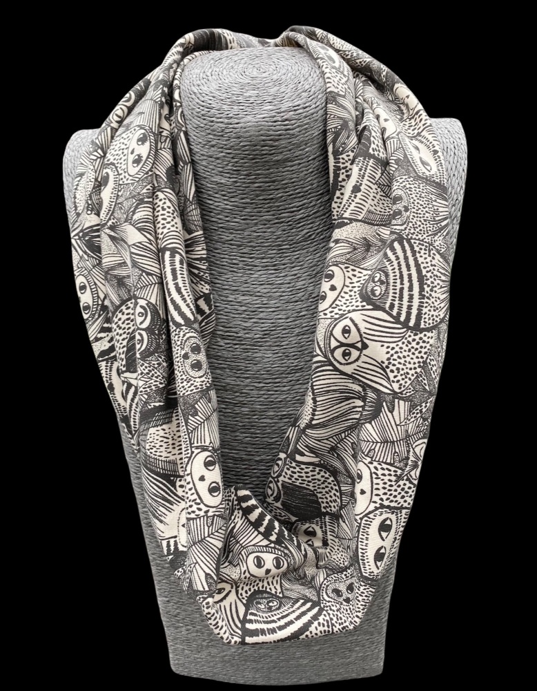 Black and Cream Owl design stretch Jersey Organic Cotton Infinity Scarf