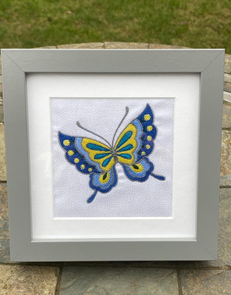 Embroidered Butterfly in a grey boxed frame
