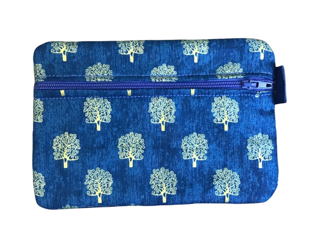 Blue with gold Trees Zipped cotton Pouch - Medium