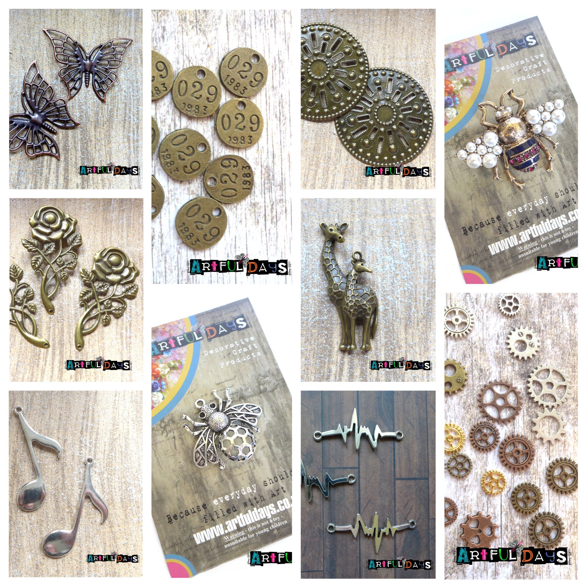 All our Artful Days procured products in one convenent place. We have Flowers, Charms, Canvas & Craft Surfaces, Cabochons, Stamens, Natural elements such as moss, Stickers & Epherma, Hardware, Glass Vials, Our Tresured Artifact and lots of other embelishments. We regularly add new things, so keep checking back :)