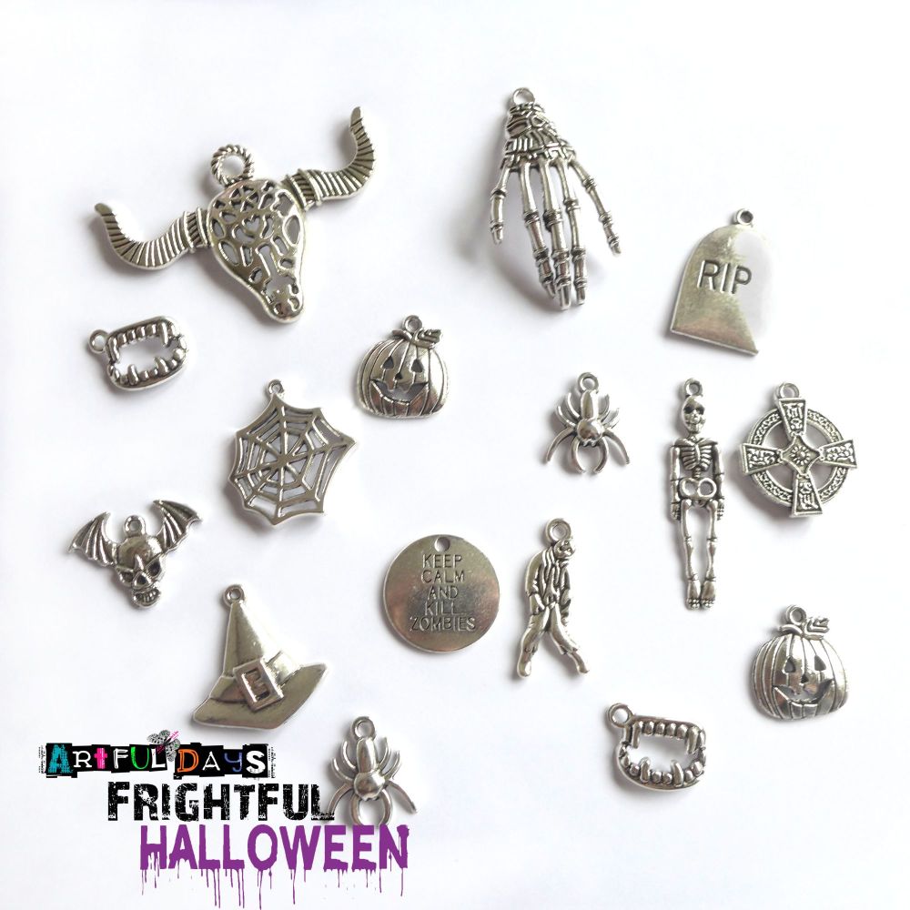 Frightful Halloween Mix of 16 Silver Charms