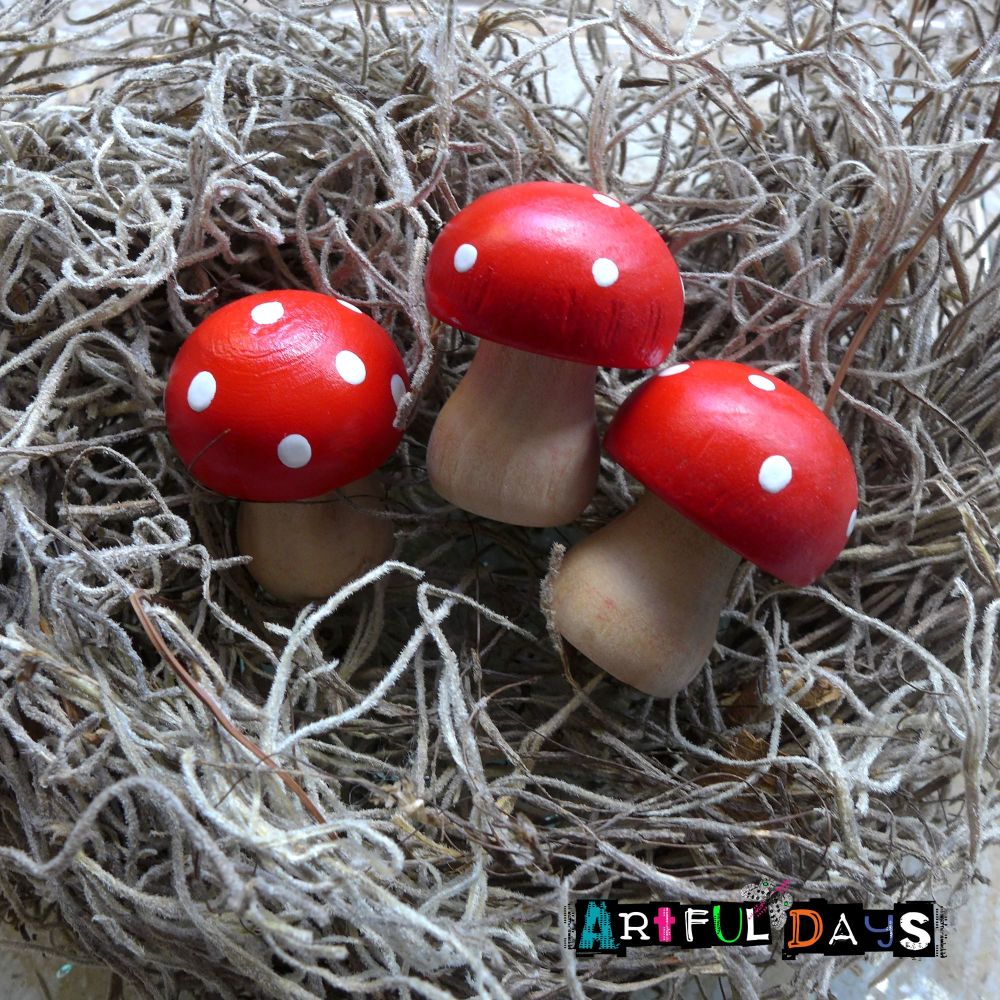 Painted Wooden Mushrooms Toadstools - Small