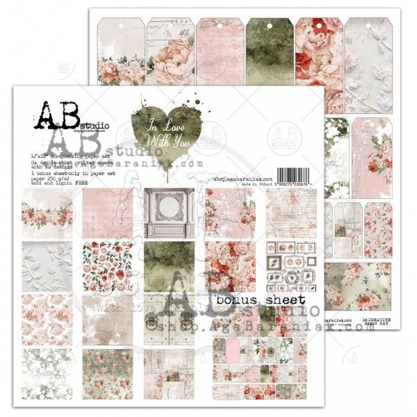"In love with you" Scrapbooking Paper 12 x12" 8 Sheet Set + 1 Bonus Page