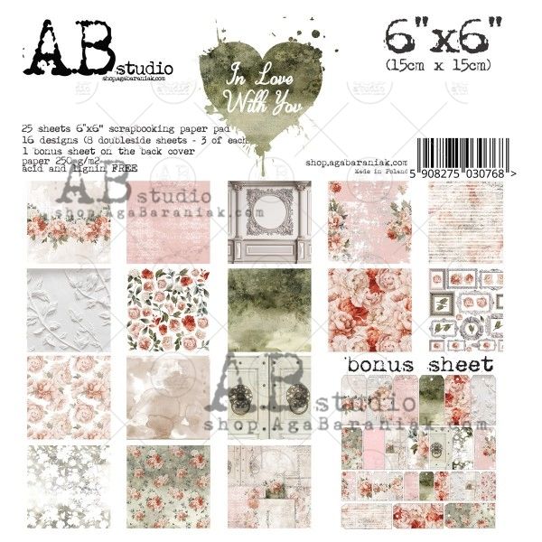"In love with you" Scrapbooking Paper 6x6" Pad, 25 Sheets + 1 Bonus Page