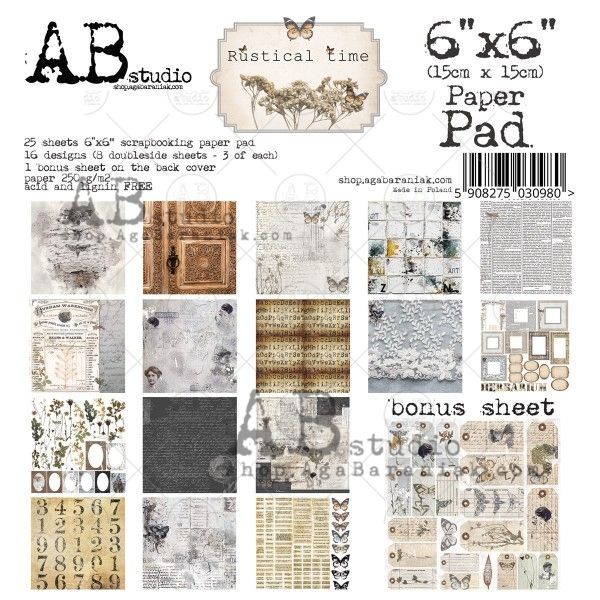 "Rustical time" Scrapbooking Paper 6x6" Pad, 25 Sheets + 1 Bonus Page