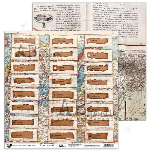 "Around the world" Scrapbooking Paper 12 x12"- Time travel - sheet 6