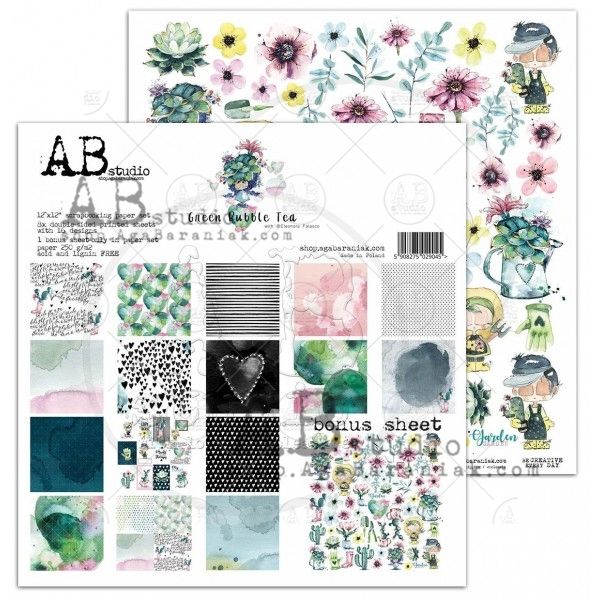 "Green bubble tea" Scrapbooking Paper 12 x12" 8 Sheet Set + 1 Bonus Page