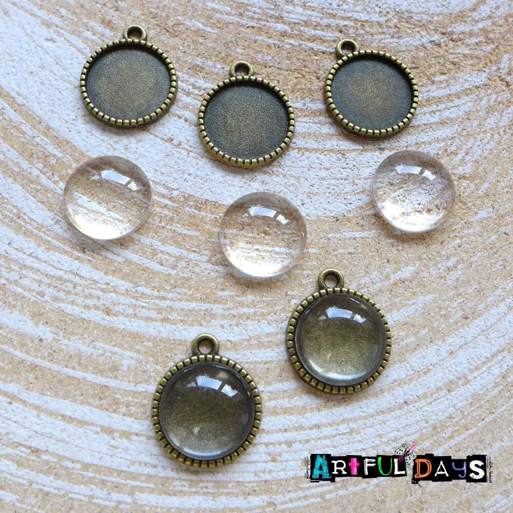Round Pendent Bezels & Glass Dome Cabochons 5pc Set (C014)