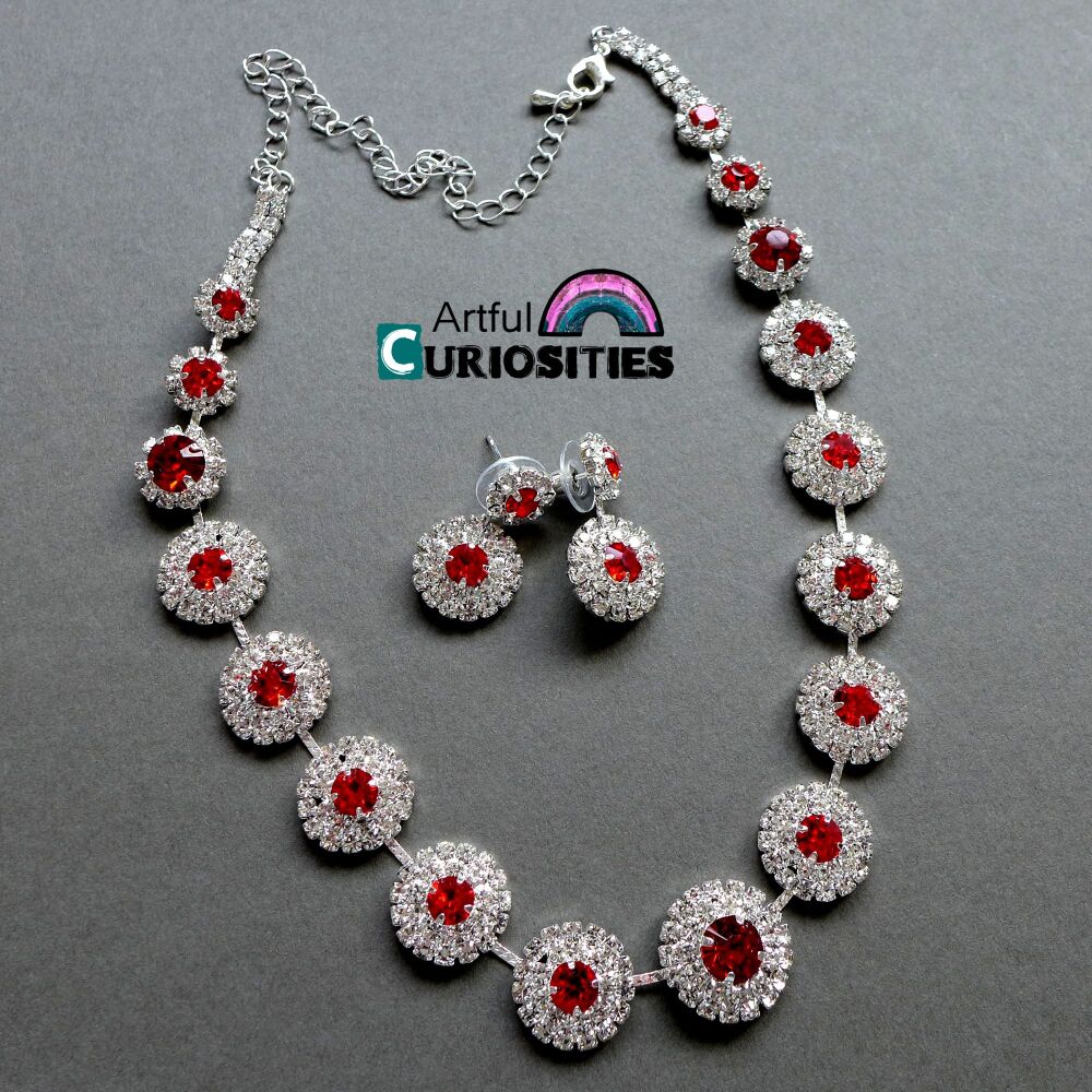Jewellery - Red Stone Bling Necklace & Earrings - AC131