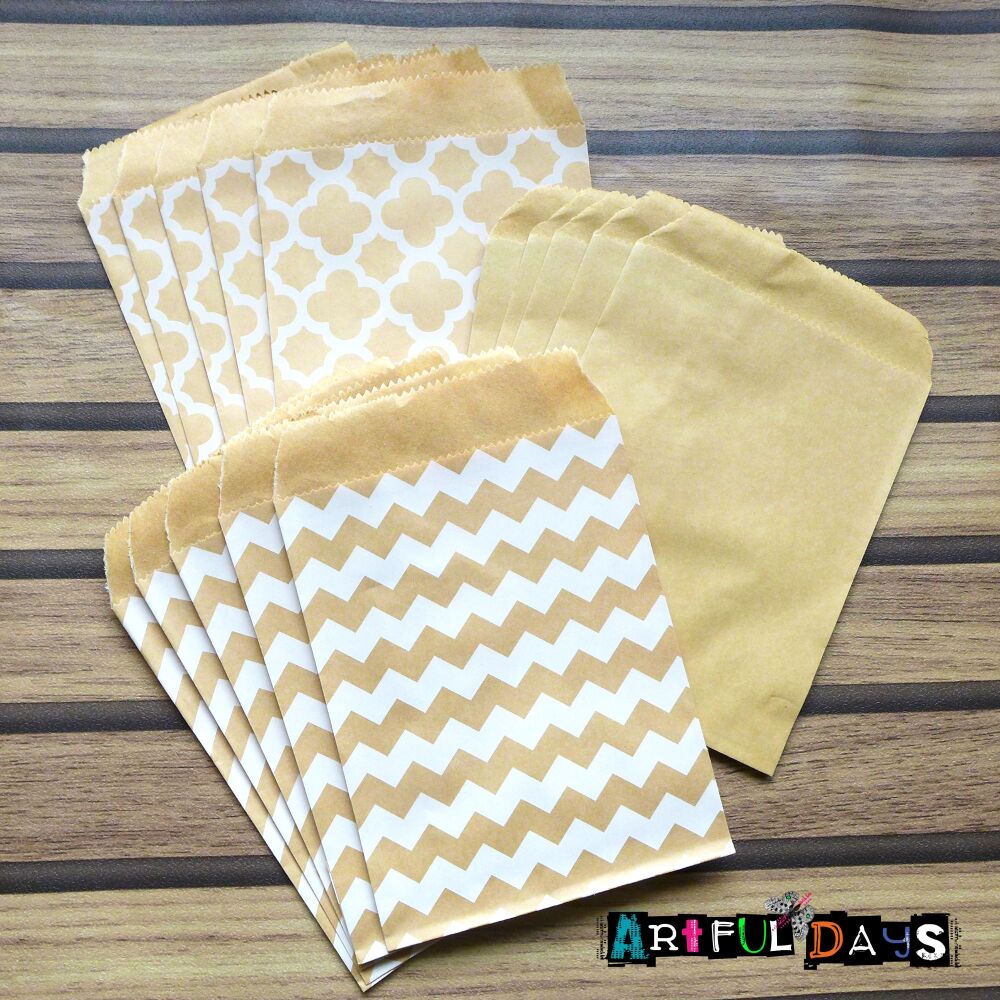 Mixed Pattern & Plain Brown Paper Bags 10x15cm (PA019)