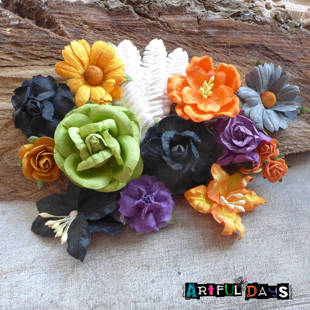 Halloween Colour Blend Paper Flowers & Leaves 24pcs