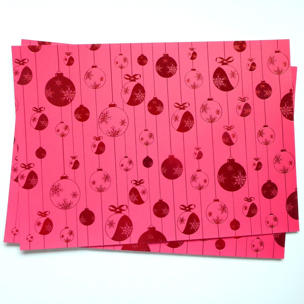 Red Foiled Christmas Baubles Card 2 Pack A4 Sheets