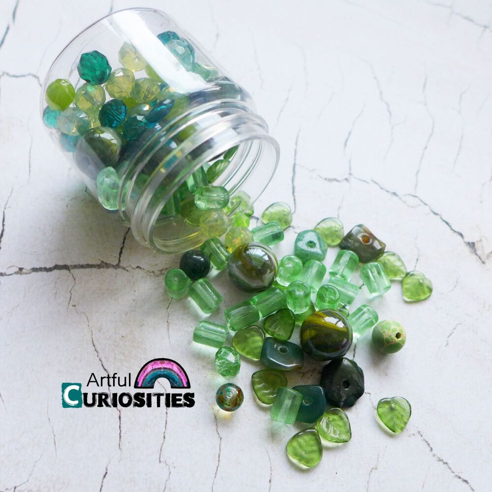 Beads - Jar of Assorted Style Mixed Beads - Green - AC282
