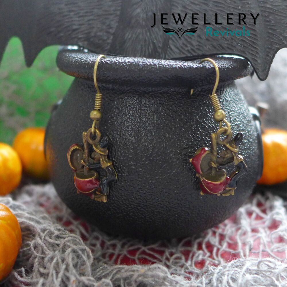 Spooktober - Bronze Tone & Enamel Witch's Caldron Earrings (JE011)