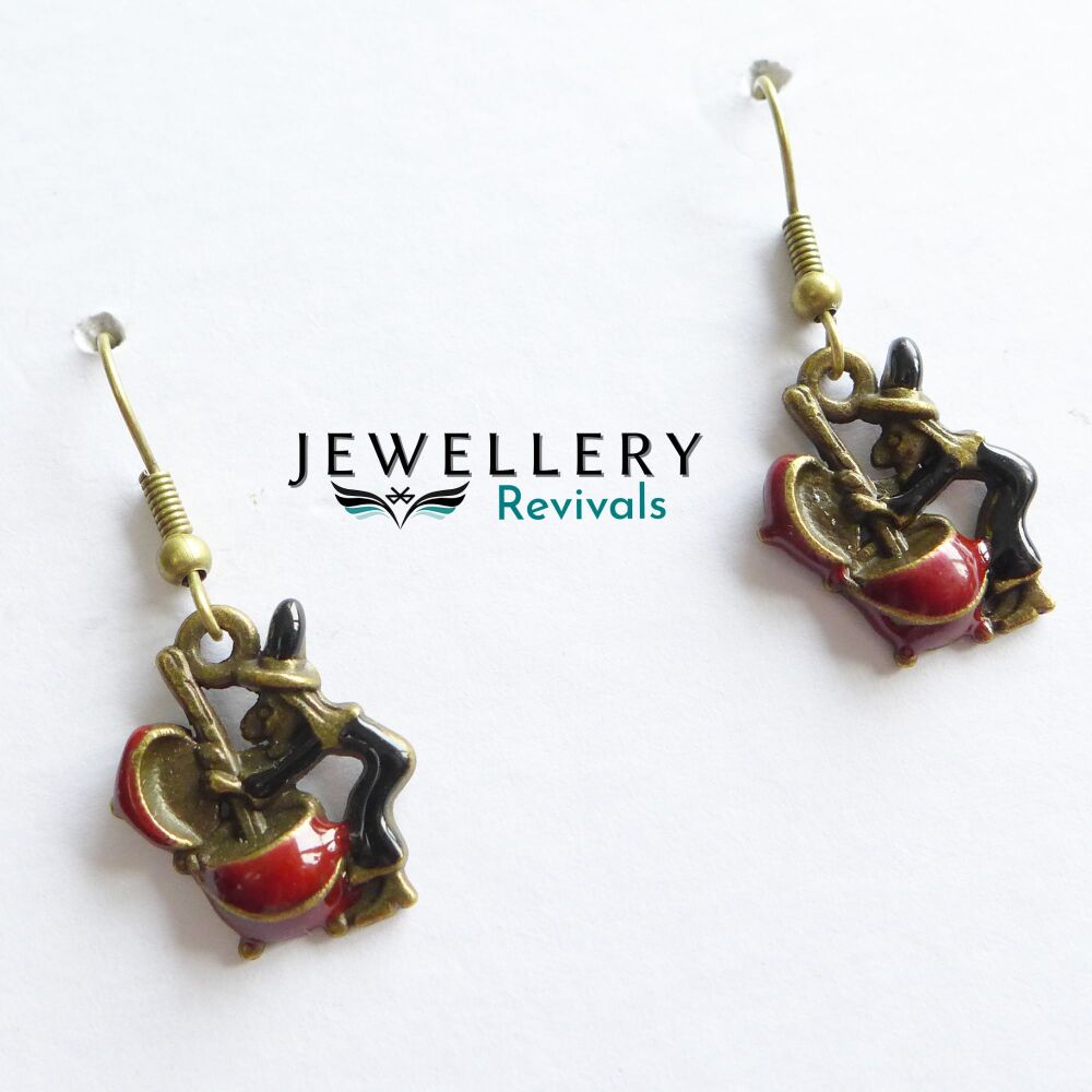 Spooktober - Bronze Tone & Enamel Witch's Caldron Earrings (JE011)