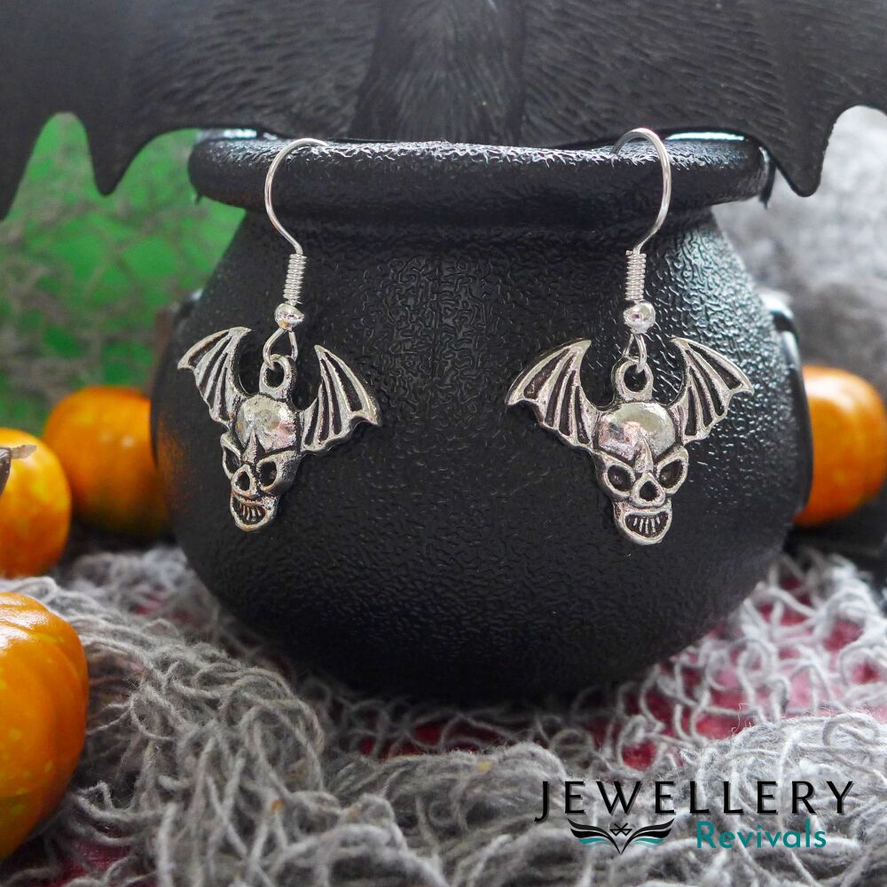 Spooktober - Silver Tone Bat Skull Earrings (JE012)