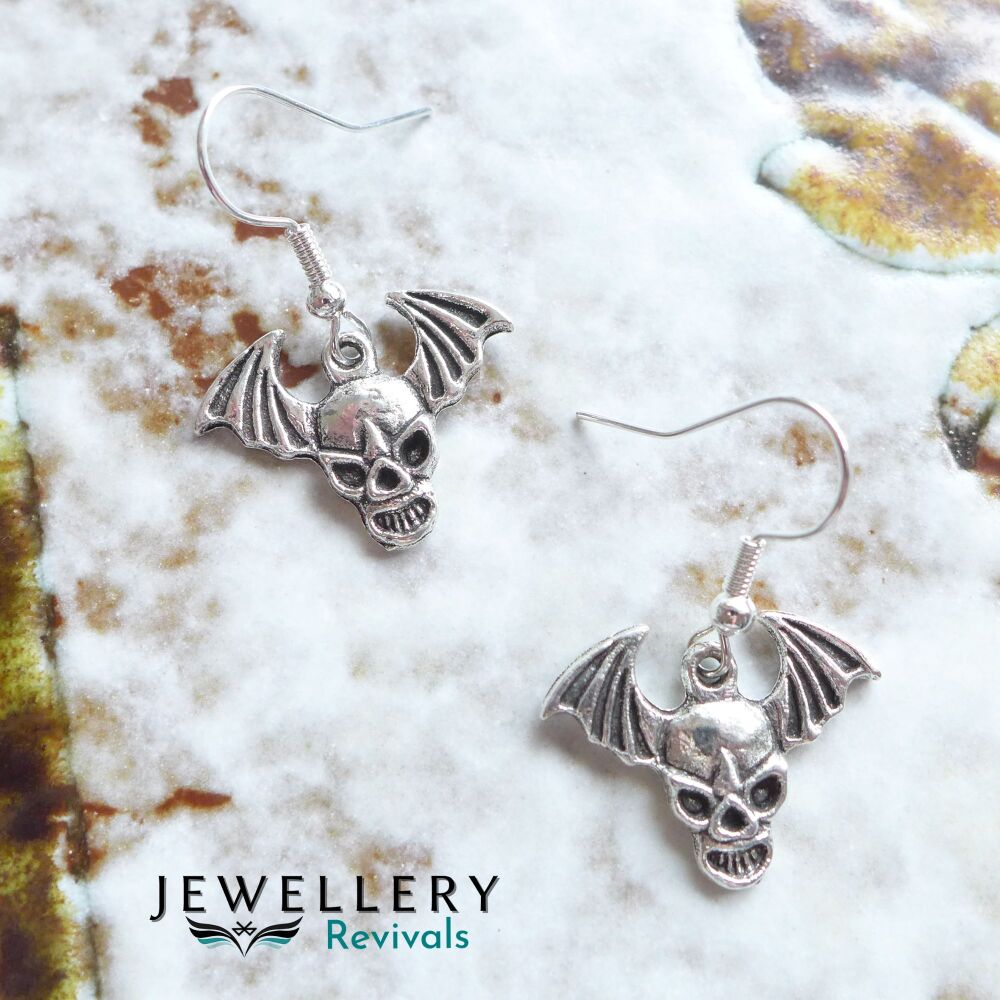 Spooktober - Silver Tone Bat Skull Earrings (JE012)