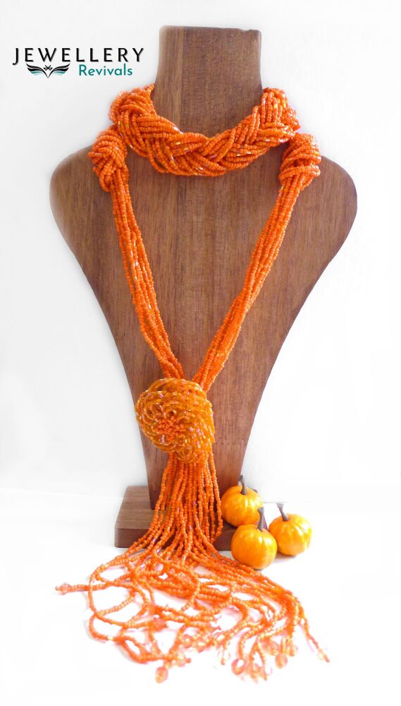 Vintage Orange Seed Bead Necklace & Cuff Bracelet (JE015)
