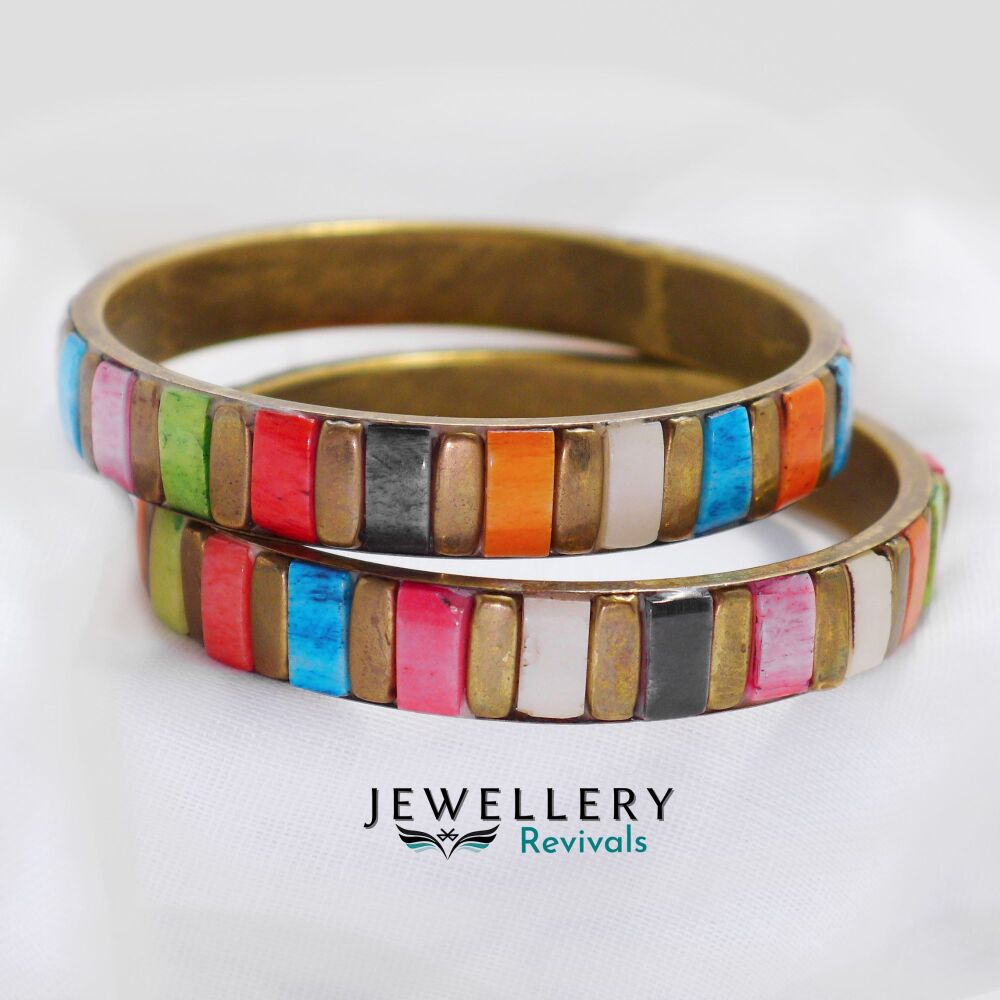 Vintage Brass Inlay & Colourful Mosaic Style Bangles (JE017)