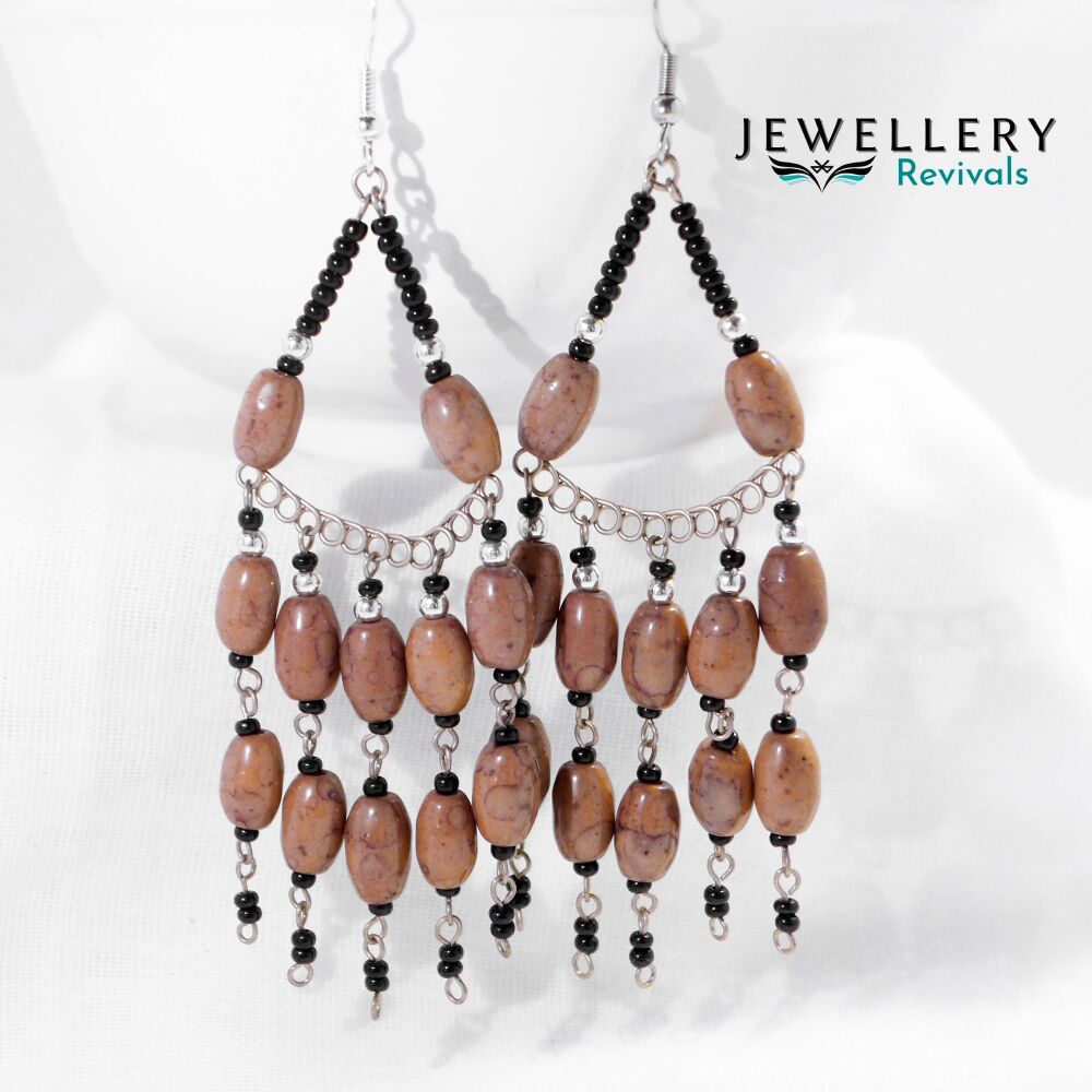 Brown Mottled Beaded Chandelier Earrings (JE022)
