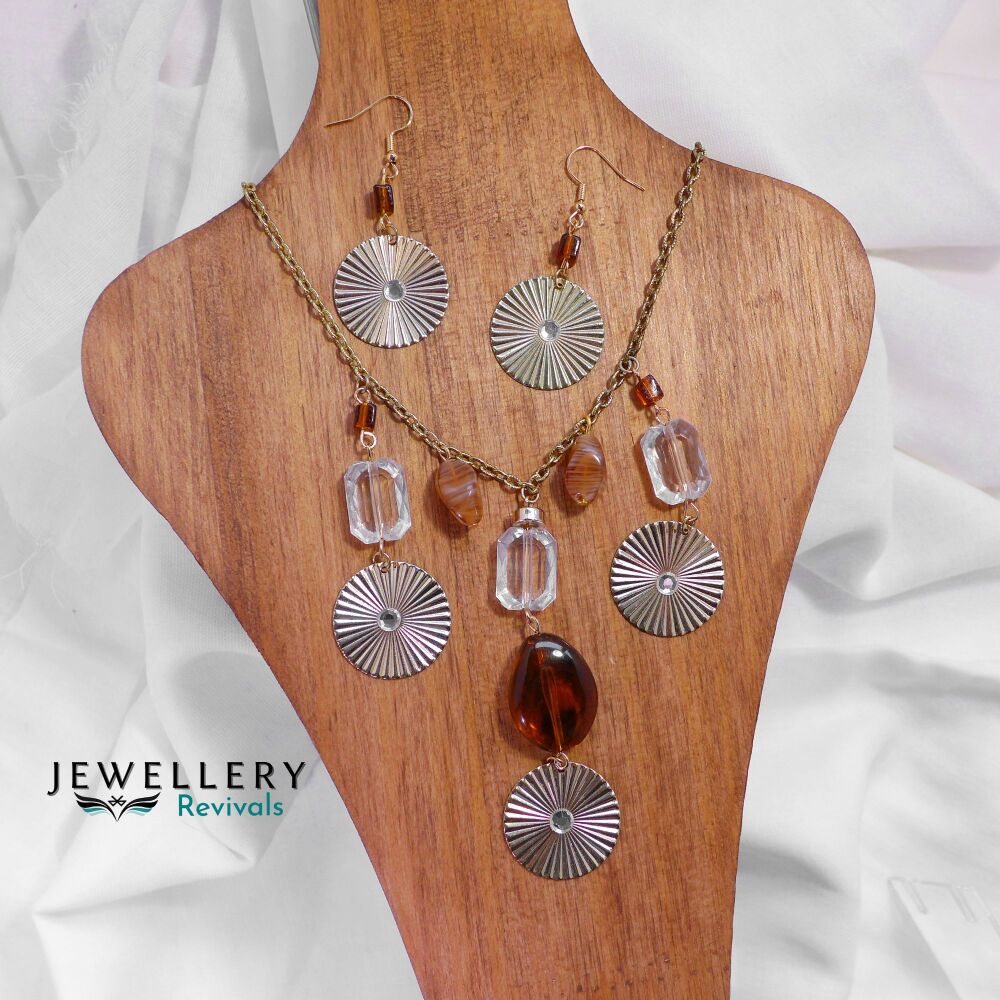 Pale Gold Tone Dangling Disc Necklace & Earring Set (JE027)